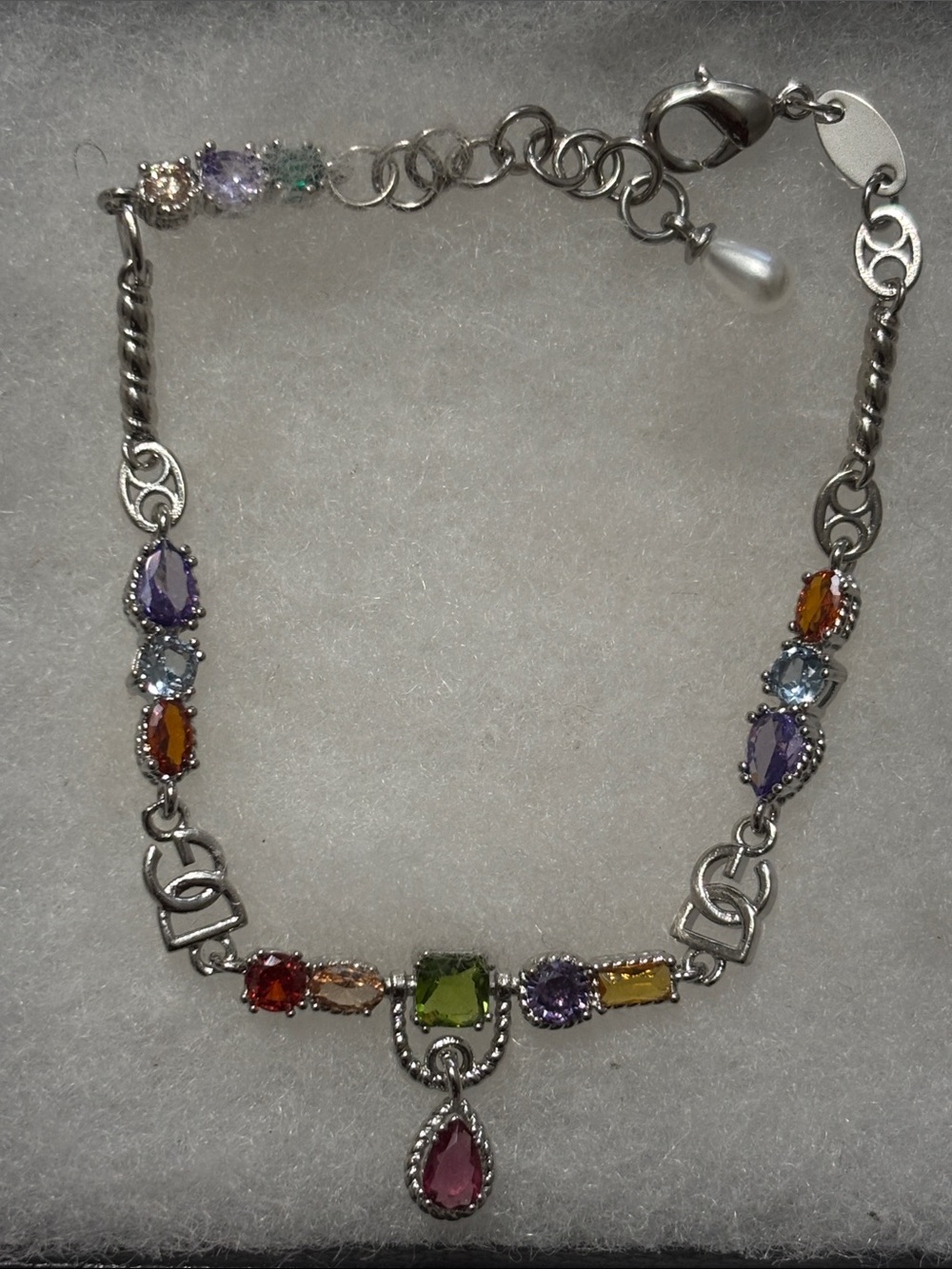 D&G Danty Multi-Color Gemstone Drop Silver Bracelet